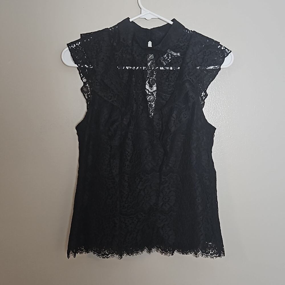 NWT H&M Black Lace Ruffled Flutter Sleeveless Top Sz 6 - Picture 2 of 10